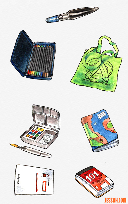 Colored pencil and watercolor drawings of pencils, paints, sketchbook, bag, paper and a pen