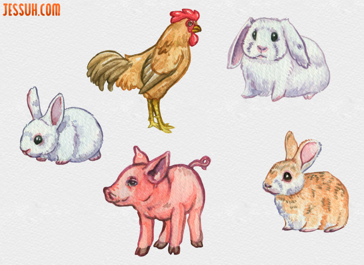 Watercolor painting of two white rabbits, a tan bunny, pink piglet and brown rooster